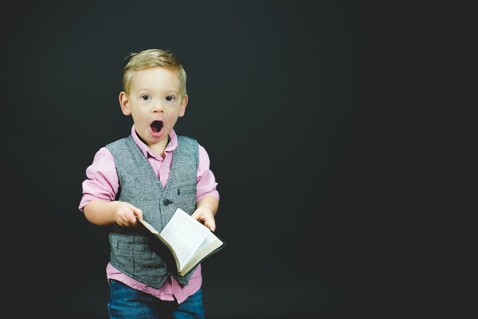 boy wearing gray vest and pink dress shirt holding book